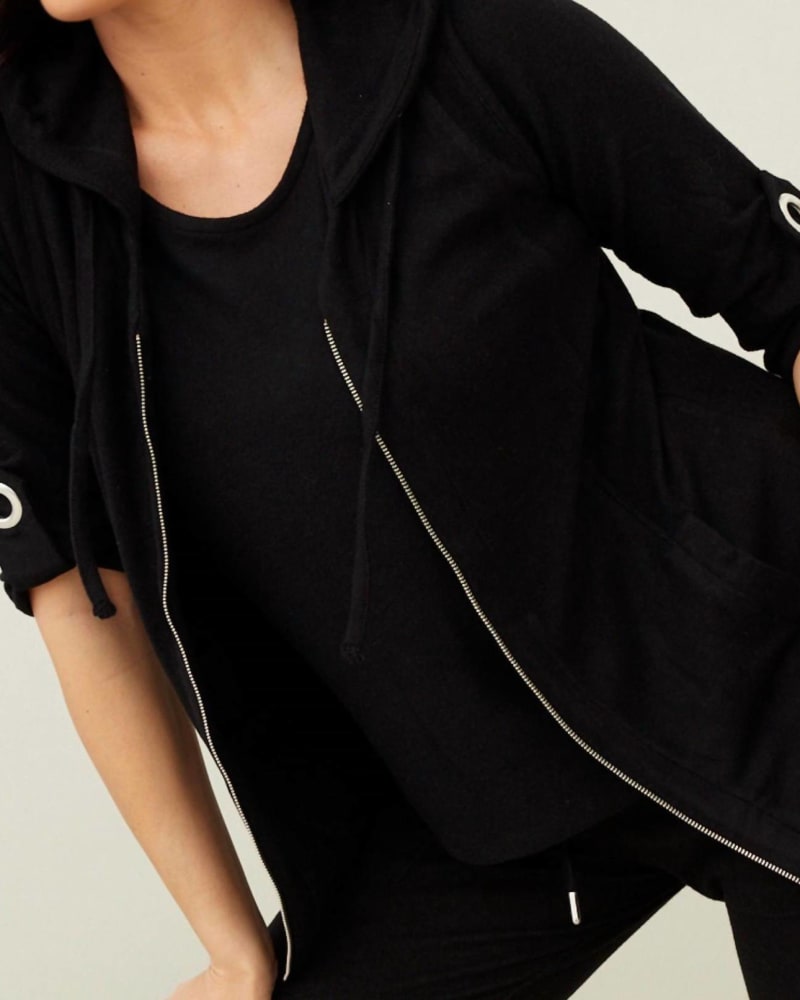 Front of a model wearing a size LG Soft Stretch Hooded Vest in Black in Black by french kyss. | dia_product_style_image_id:326679